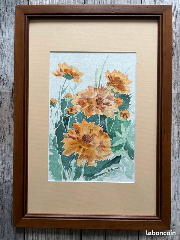 Tableau« Ho Les Jolies Fleurs « Aquarelle signé (image 2)