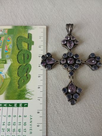 Croix Pendentif en Argent et Améthyste Taillé - Bijou Vintage