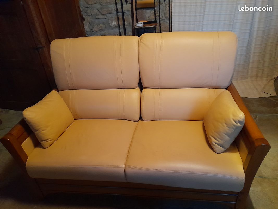 Canapé 2 places + Fauteuil cuir jaune (image 2)