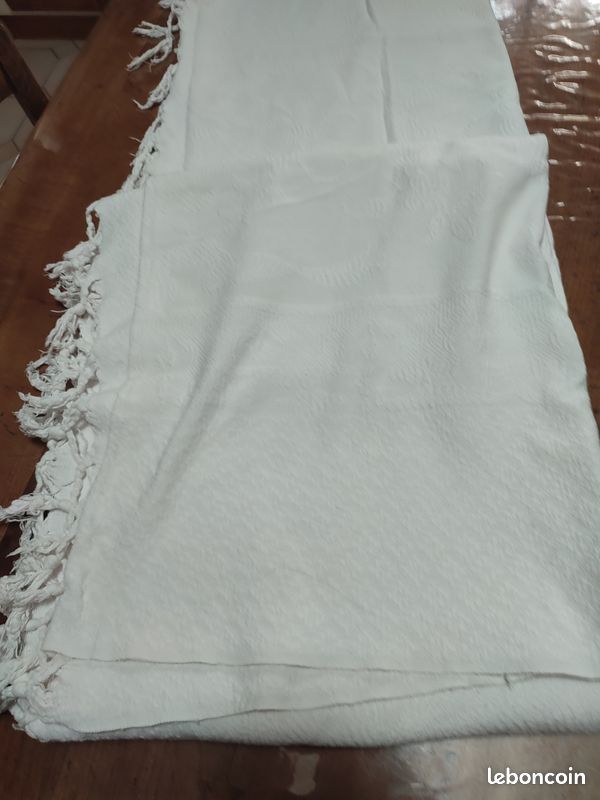 Dessus De Lit / Jeté De Canapé Blanc 100% Coton - 200x240cm - Vintage à Franges