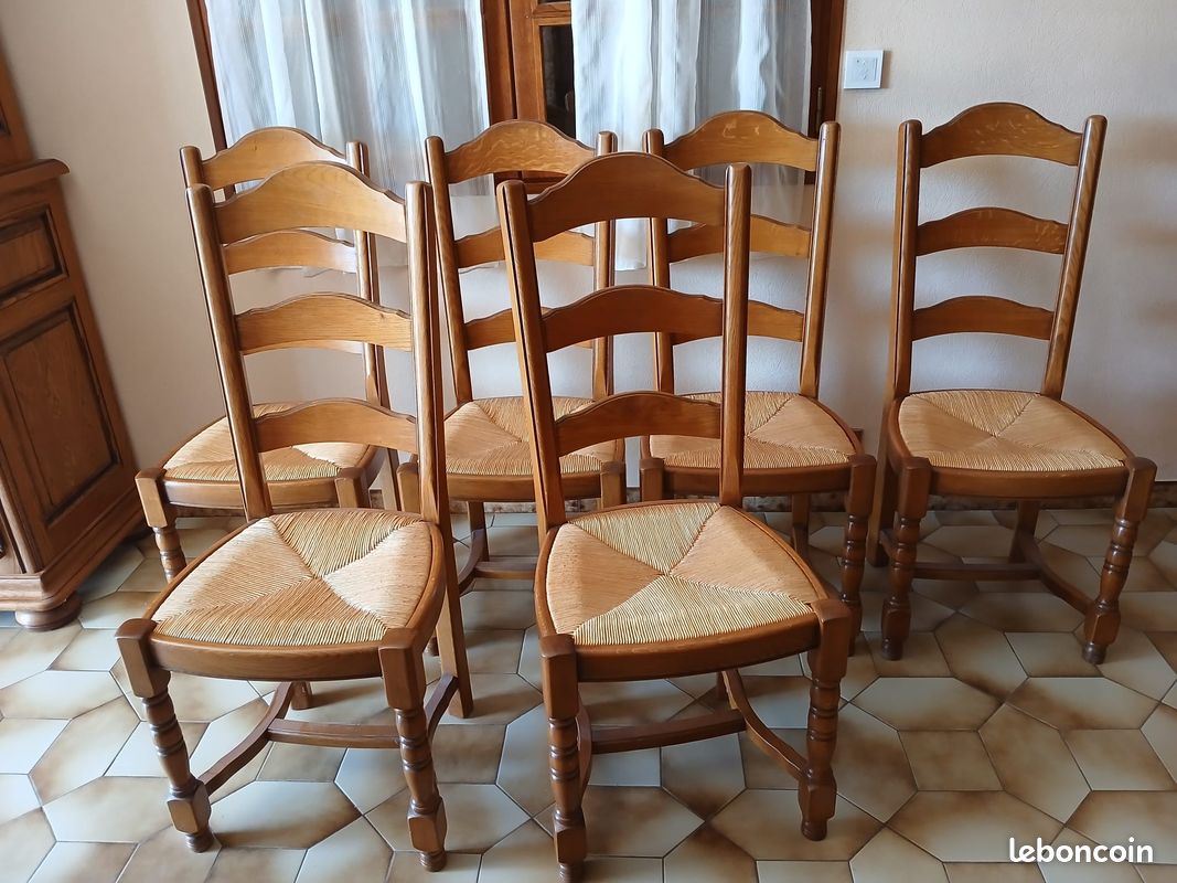 Lot de 6 chaises rustiques en bois massif et assise paille (image 1)