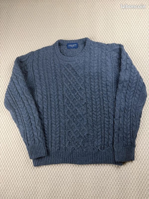 Pull aran 100% laine Joseph Turner col rond homme M Bleu, Gris 90s Vintage AR0262 #AR0262 (image 1)