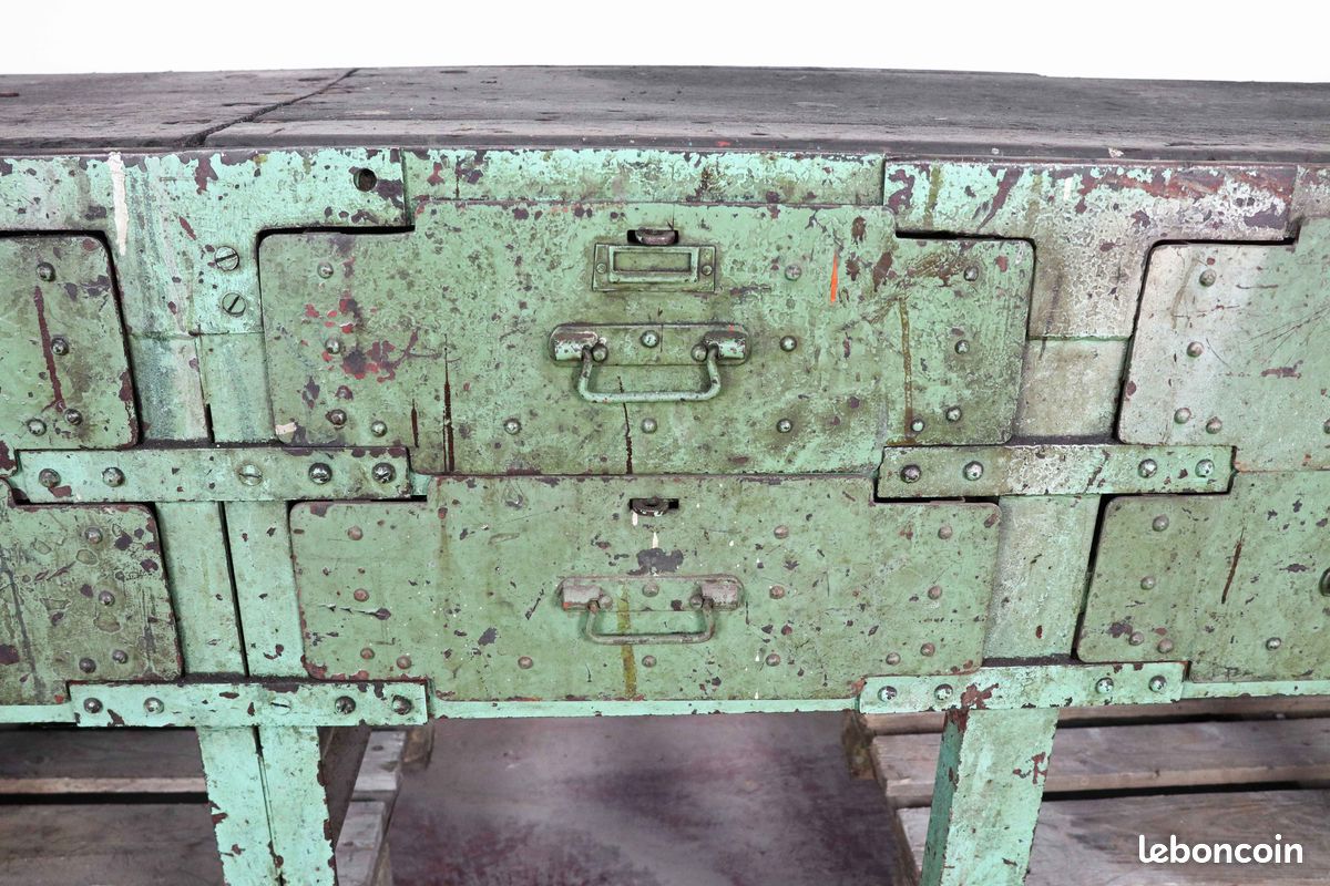 Ancien etabli riveté 301X60cm H80cm avec plateau bois - 3063 (image 6)