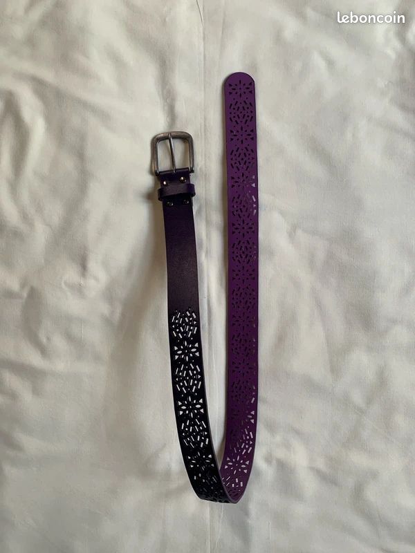 Ceinture ajourée fleurie bicolore violet/prune 95cm — neuve (image 4)