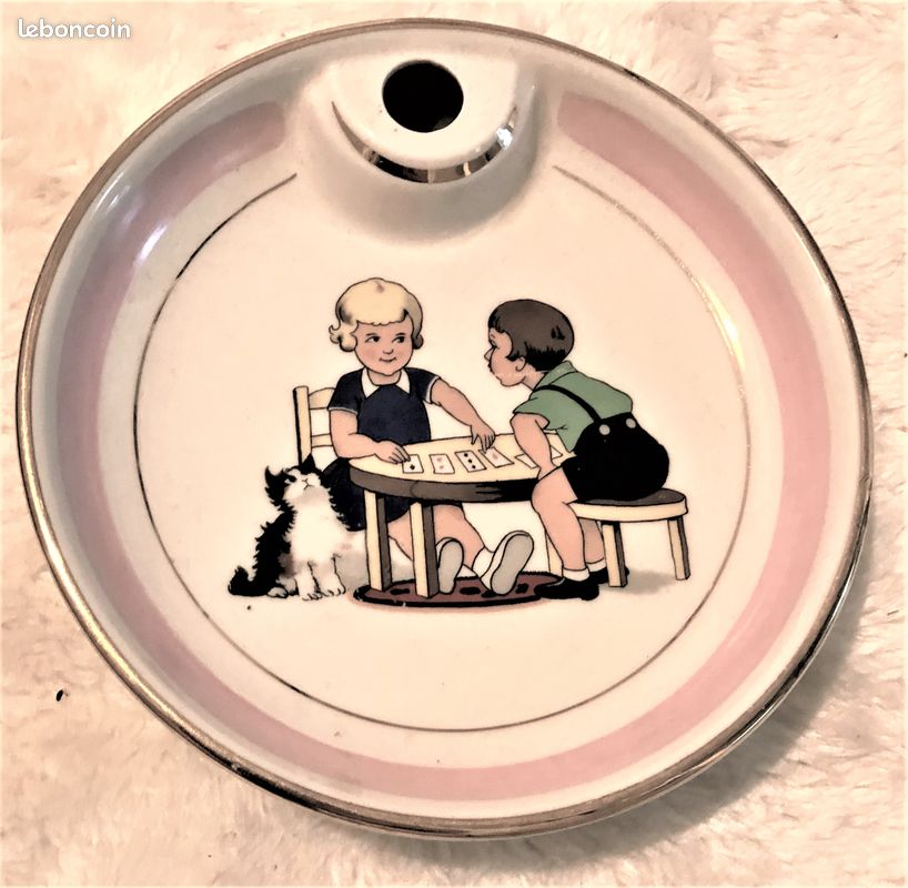 assiette à bouillie en porcelaine de Limoges Singer Les animaux Fleuris