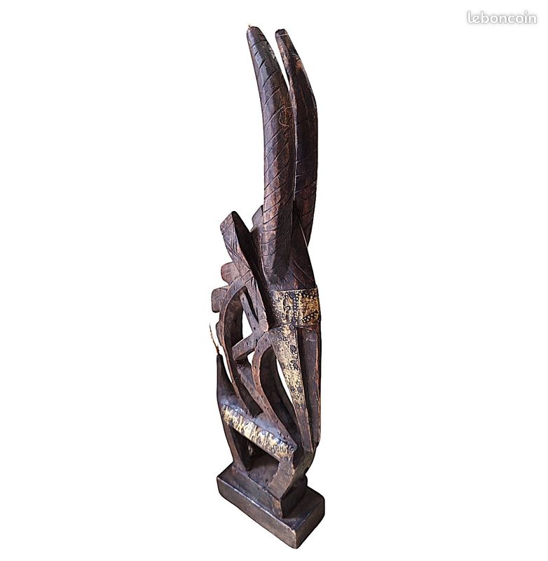 Masque cimier bois et laiton Bambara Tyi Wara du Mali Hauteur 52 cm Art africain art tribal ethnique sculpture vintage en bois et laiton (image 2)