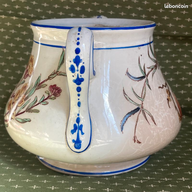 Ancien sucrier Service Nella Vieillard oiseau polychrome fleurs, pot ravissant (image 2)