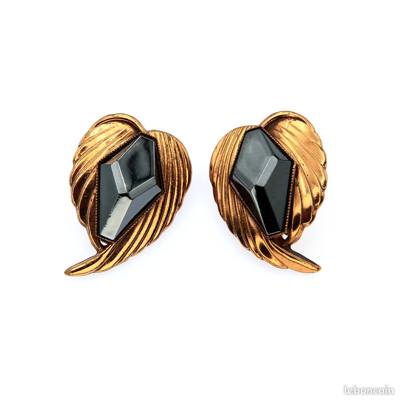Clips D'Oreilles Vintage Satellite - Dorés & Noir Acrylique - Style Rétro Créateur - Occasion