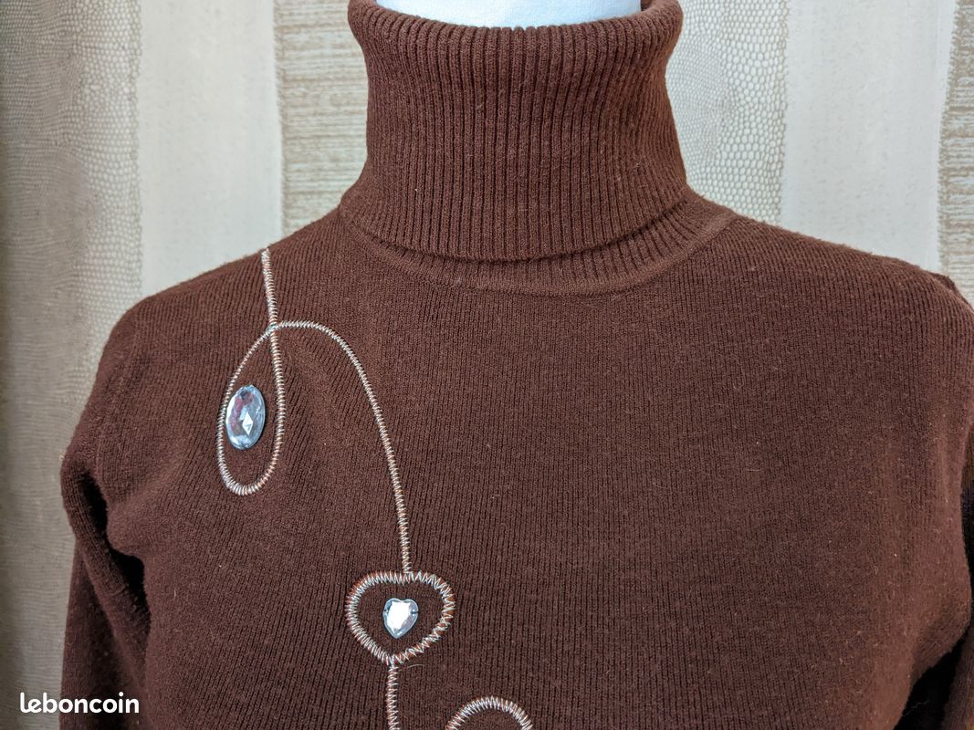 Pull laine marron col roulé fantaisie T : 38 TBE (image 7)