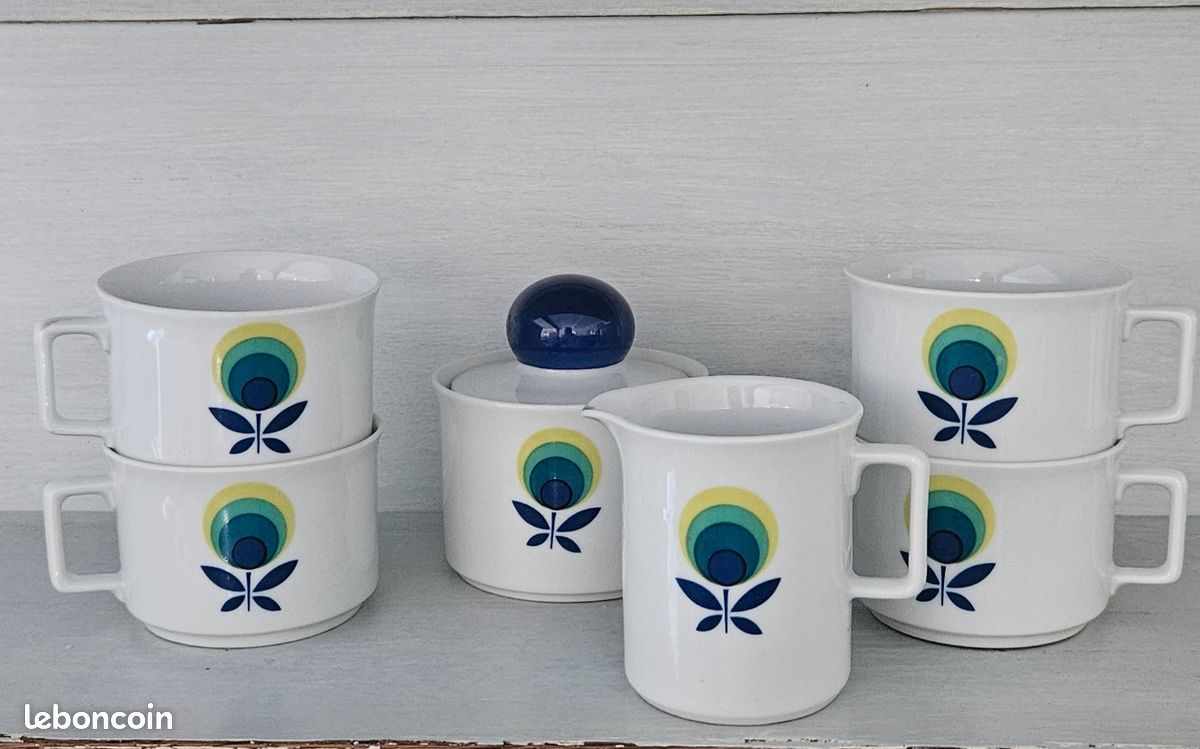Service café thé vintage motif floral bleu vert jaune tasses sucrier crémier pot lait design Bavaria Schirnding 60’s 70’s (image 1)