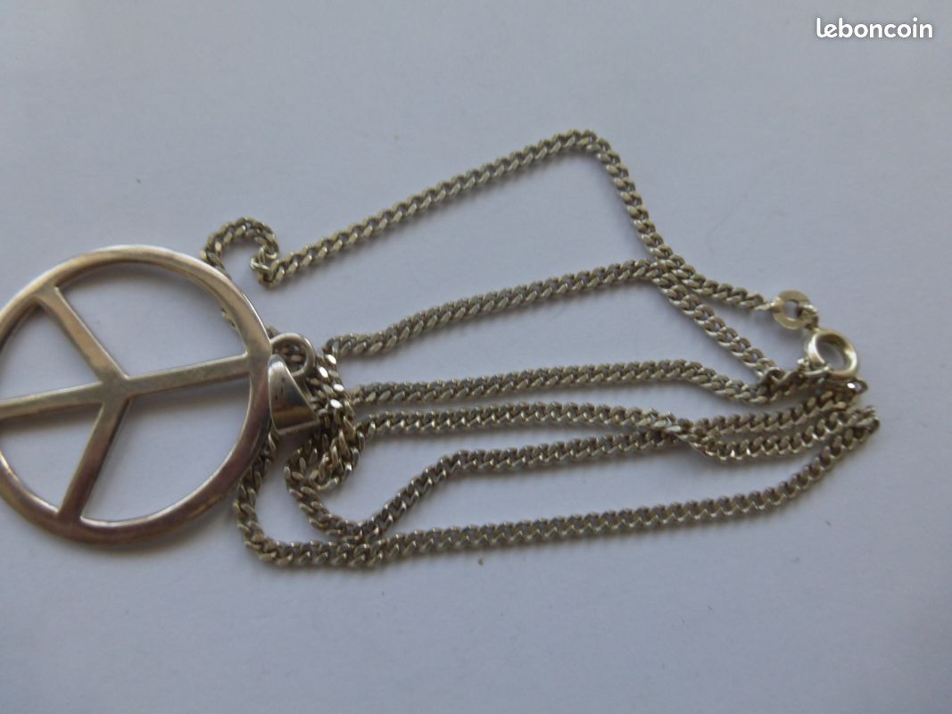 Gros collier peace and love argent 925 3 poinçons 8,08gr tbé : chaine 45cm maille gourmette de 2mm, pendentif diamètre 2,1cm (image 6)