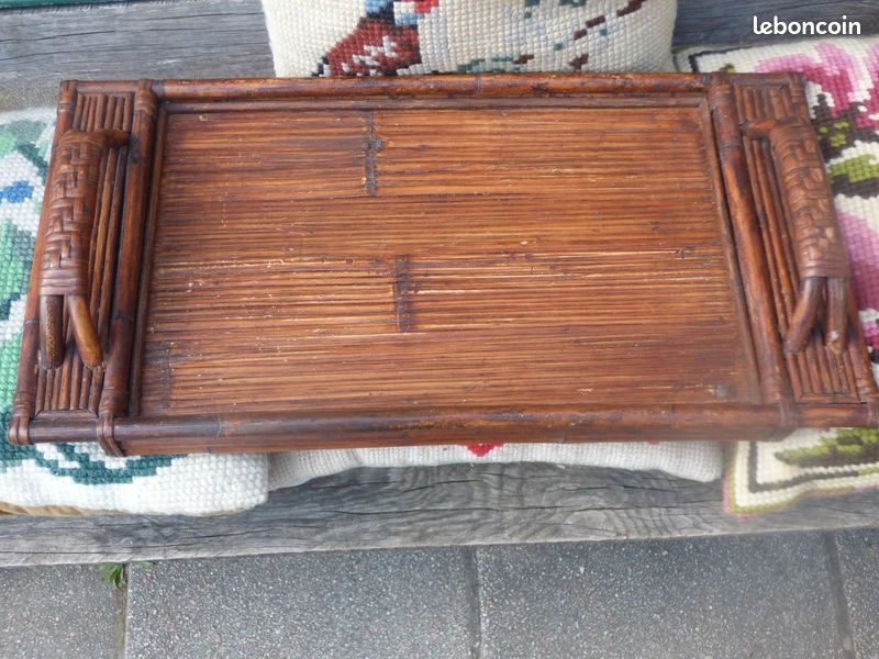 VINTAGE PLATEAU ET 6 sous verres en bambou et rotin années 70 EUR 25,00