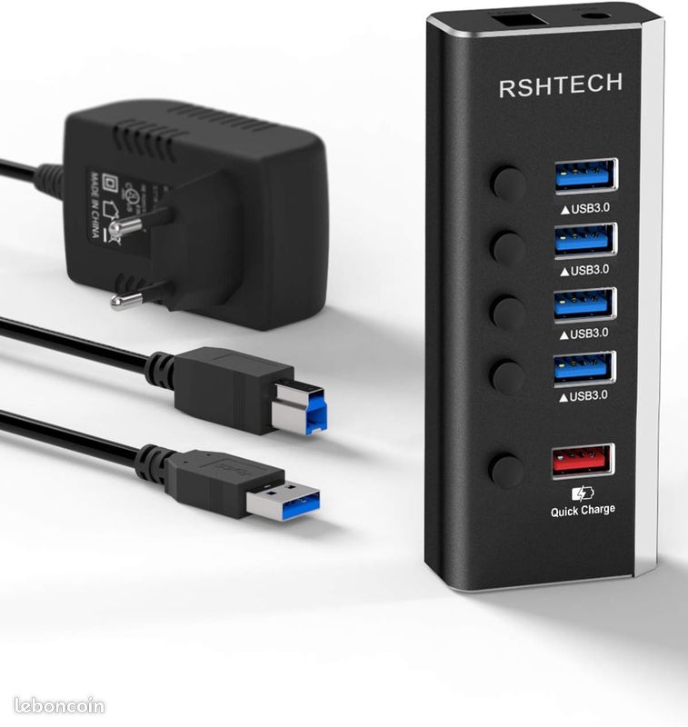 Hub 5 Ports 24W USB 3.0 en Aluminium avec alimentation (image 2)