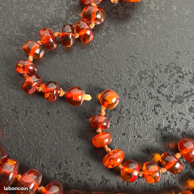 Collier Ancien En Ambre Naturel - Perles Ovales Plates Vintage, Occasion Bon état