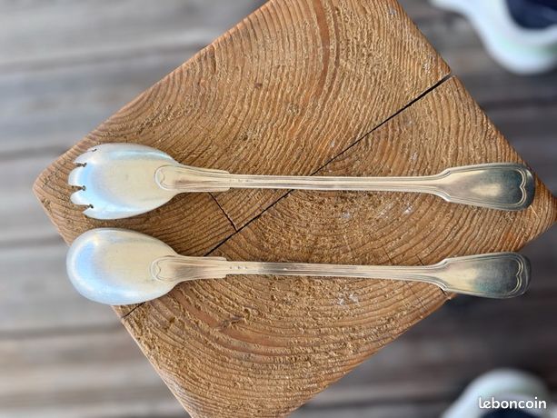 COUVERTS A SALADE EN META ARGENT FOURE ET CORNE EPOQUE ART NOUVEAU FIN 19 éme