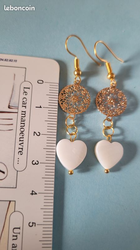 Boucles D'oreilles Marqueterie Nacre Blanche Et Noir - Pendantes Dormeuses - Neuf