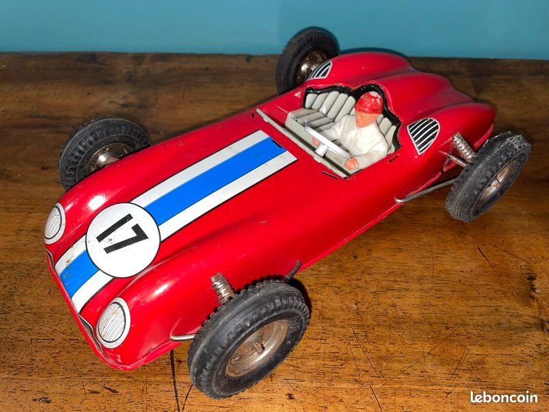 JEP UNIS FRANCE : Voiture miniature en tôle laquée bleue et jaune, n°3, remontage à c