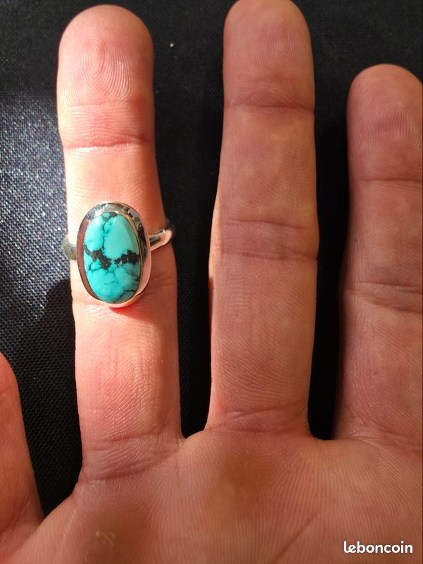 Bague En Argent Massif Avec Turquoise Du Tibet - 27x17 Mm, 15 Carats, Taille Réglable - Neuf Avec étiquettes