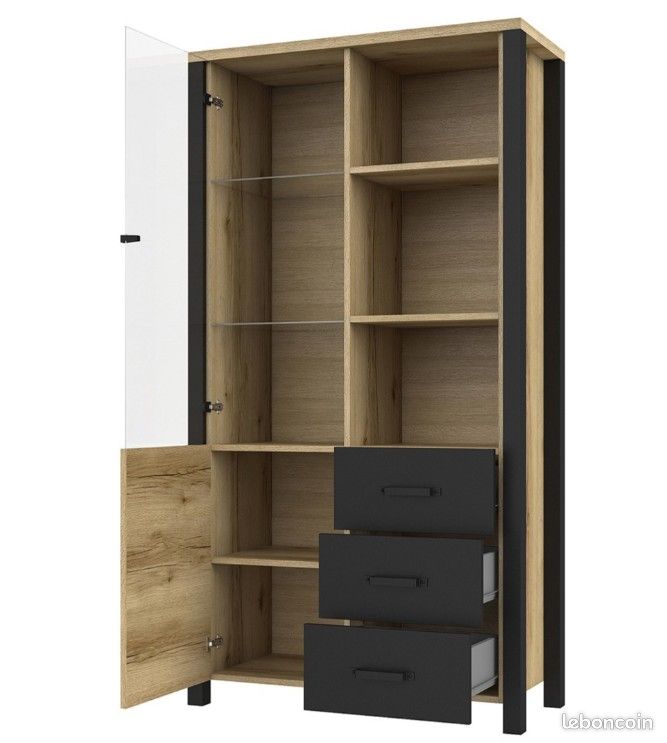 Vitrine large design - collection DARWIN - Couleur chêne clair et noir (image 3)
