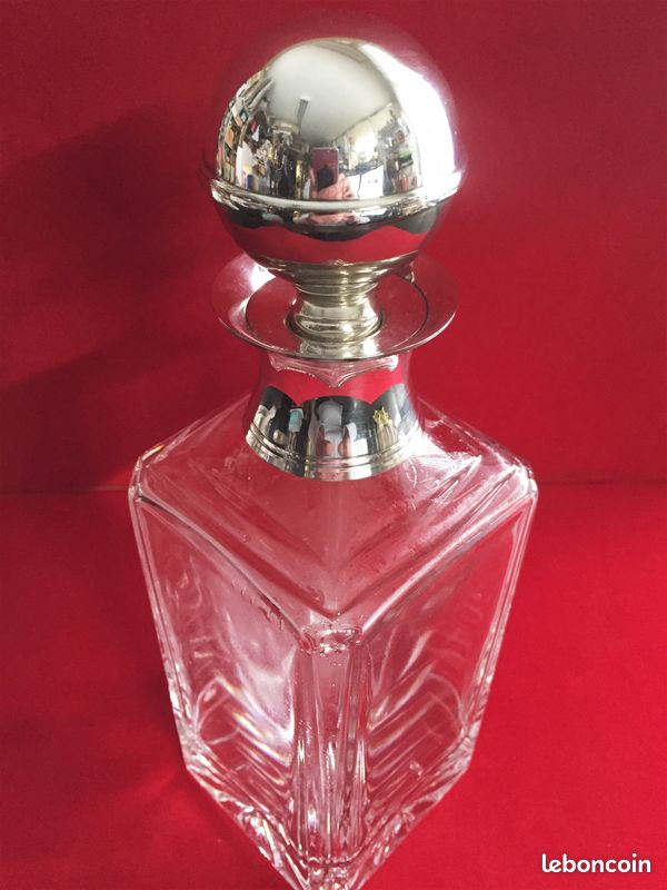 ANCIENNE CARAFE CRISTAL COL BOUCHON PLAQUE ARGENT WHISKY BOURBON COGNAC PORTO Art (image 3)