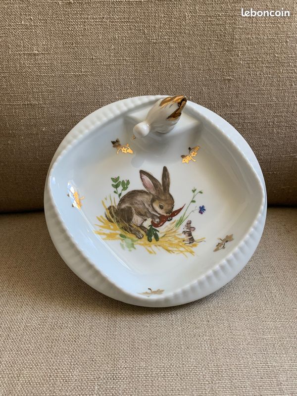 Assiette à Bouillie Limoges GL – Motif Petit Lapin, Coffret Bouchon Tête D'animal, Porcelaine, Neuf