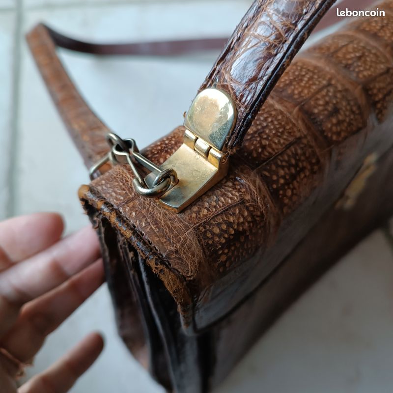 Sac à Main Vintage En Crocodile Marron Avec Gants Assortis - Lauret 7 1/2 - Occasion Très Bon état