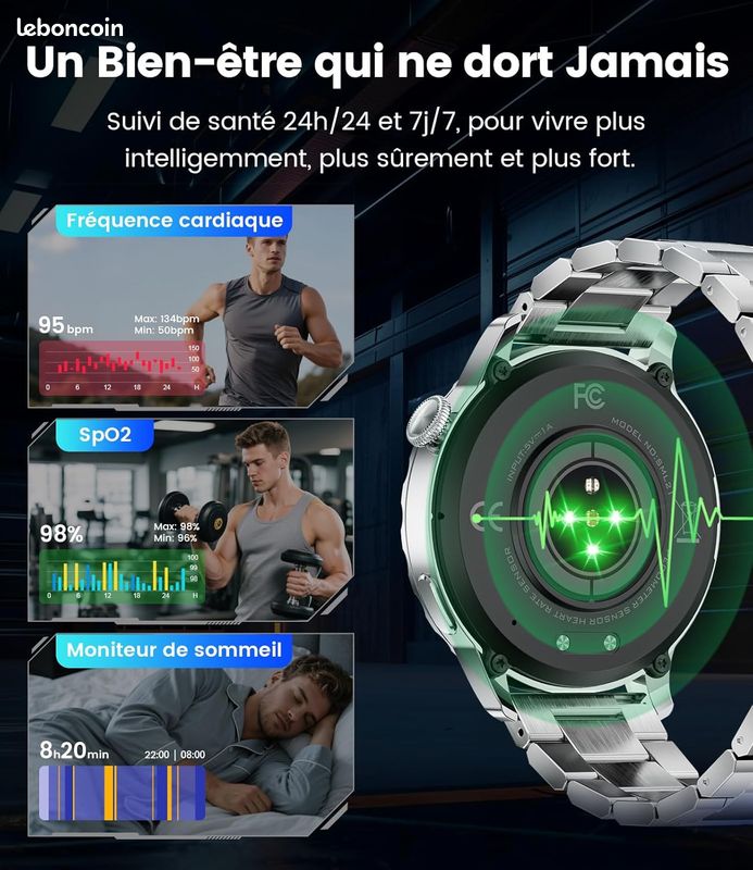 Montre Connectée Homme - écran 1,41", Appels Bluetooth, 150 Modes Sport, Suivi SpO2/fréquence Cardiaque/sommeil