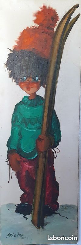 Michel THOMAS Poulbot au ski 1964 HUILE sur TOILE gamin gavroche de PARIS (image 4)