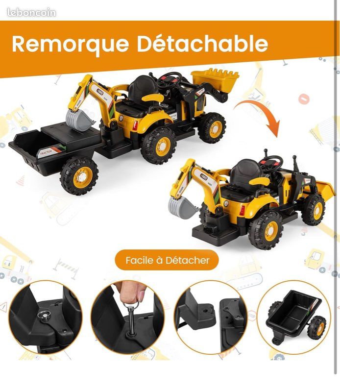 3 En 1 Tractopelle Enfant Avec Pelle Et Remorque Amovible, Tracteur 3 En 1 Tractopelle Enfant Avec Pelle Et Remorque Amovible, Tracteur