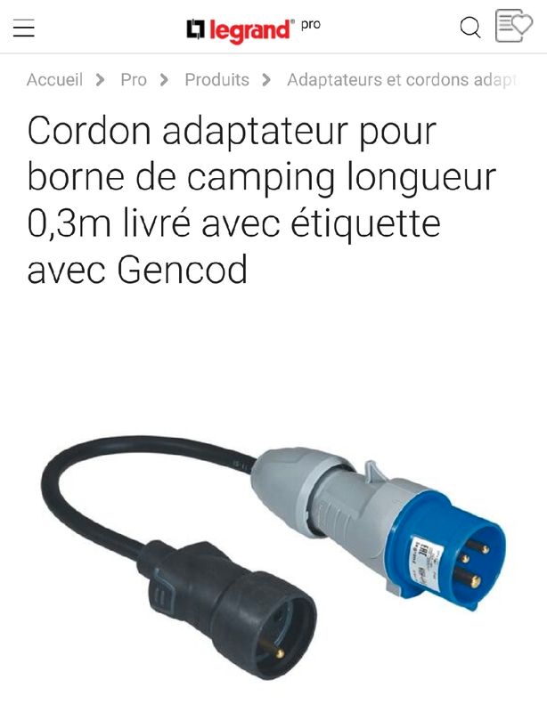 Cordon adaptateur Camping car LEGRAND - Équipement caravaning