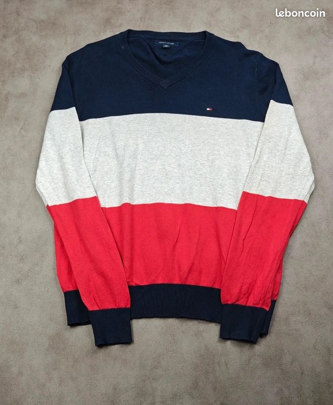 Sweat Tommy Hilfiger [L] 100% coton col V logo brodé homme pull marine (image 2)