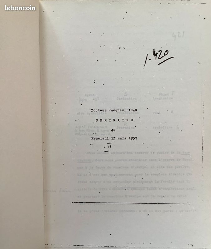 Docteur Jacques Lacan. La relation d'objet. Séminaires du 21 novembre 1956 au 3 juillet 1957. Complet en deux volumes (image 3)