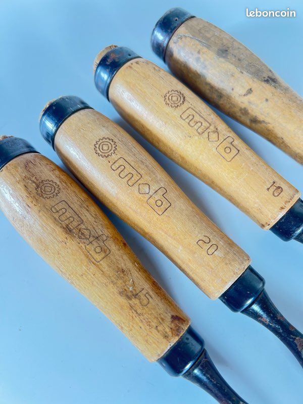 Lot 4 ciseaux à bois MOB, tailles 10 15 20 mm, outillage menuisier ébéniste, acier chrome français (image 3)