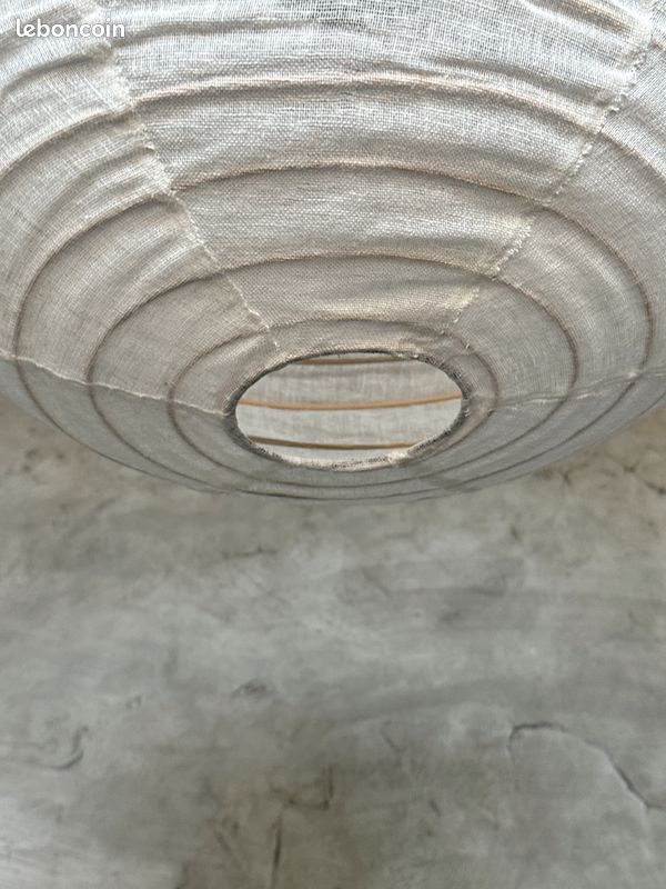 Grande suspension en rotin et lin naturel japonisante ovale aplatie H35 D60 (image 6)