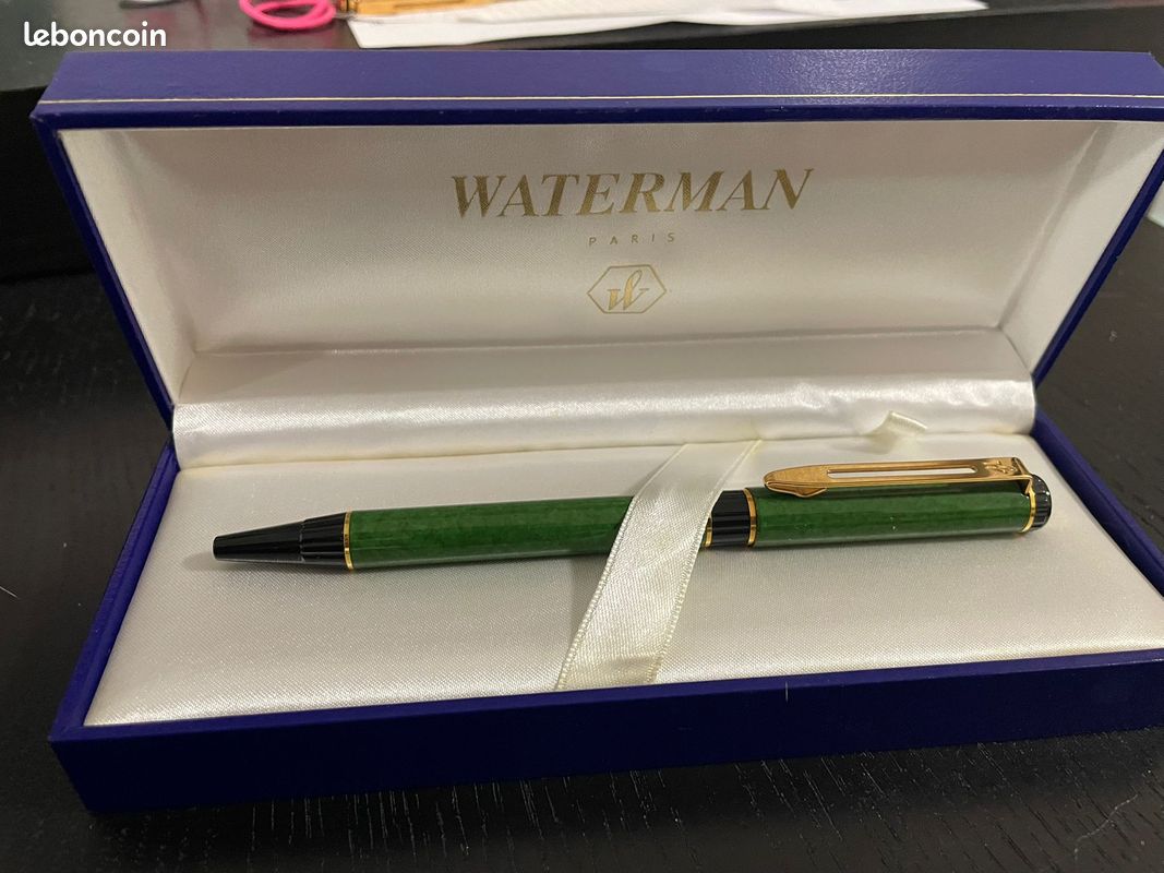 Stylo à Bille Waterman Of Paris Vintage Vert, Garnitures Or Et étui Cuir - Avec Boîte