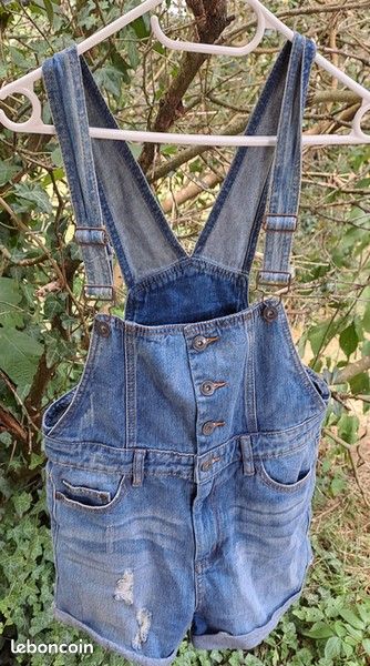 Combi Short en Jean bohème Salopette Short denim bleu used Vintage