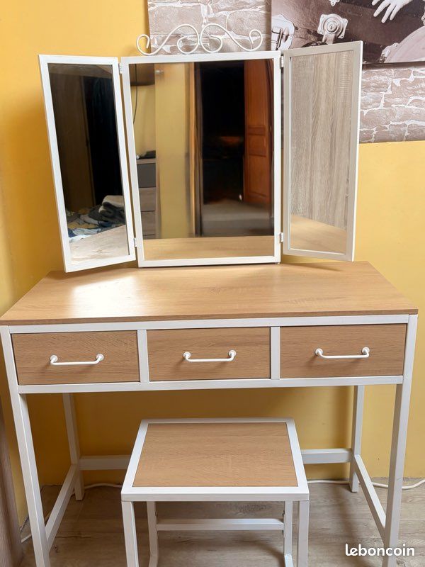 Coiffeuse avec miroir triptyque et tabouret (image 1)