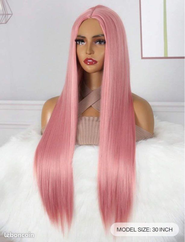 Perruque Synthétique Longue Vieux Rose - Cheveux Lisses, Avec 4 Bonnets, Taille Moyenne, Neuve