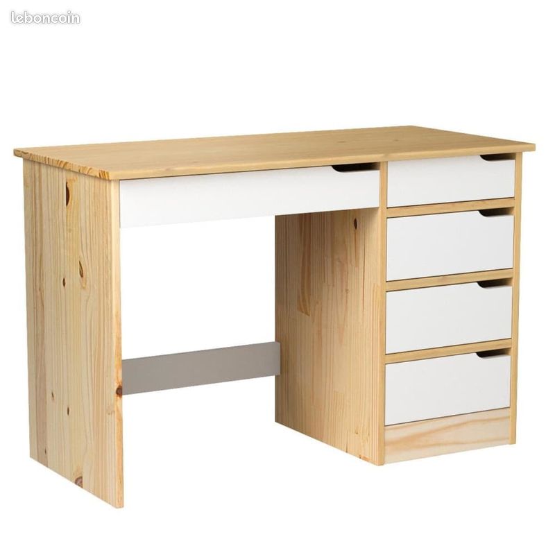 Bureau + Rangement Tiroirs Scandinave Blanc Bois Pin Chambre (image 2)