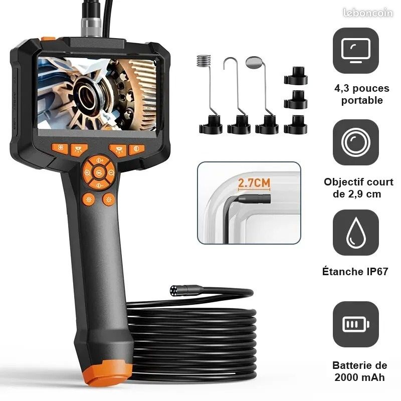Caméra Endoscopique Industrielle USB 4.3" - 1080p, étanche, Pour Inspection Auto/égouts !