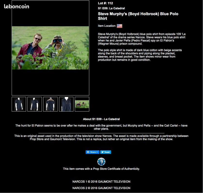 Propstore - Narcos / Polo original de la série avec COA (image 8)
