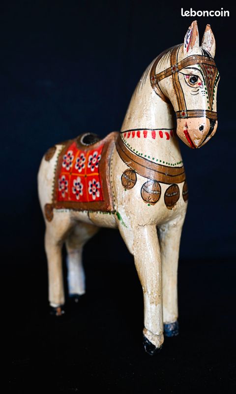 Cheval de mariage indien antique Ghodi peint à la main - Art Hindou du Rajastan - Figurine bois 26 cm (image 8)