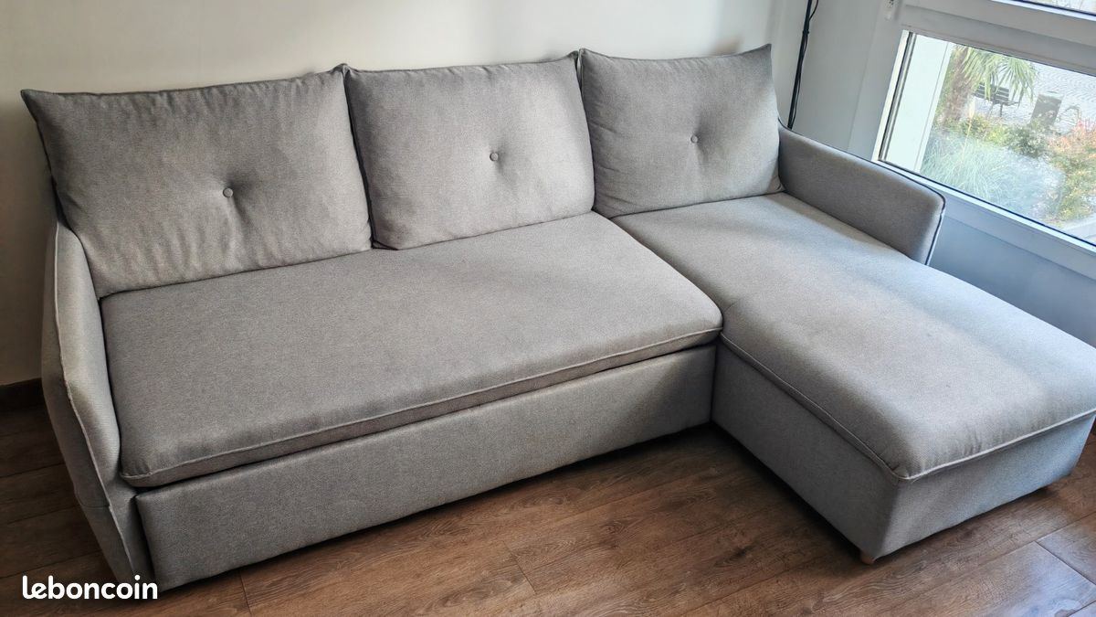 Canapé d’angle convertible + coffre de rangement – Bon état d’usage – Gris clair (image 2)