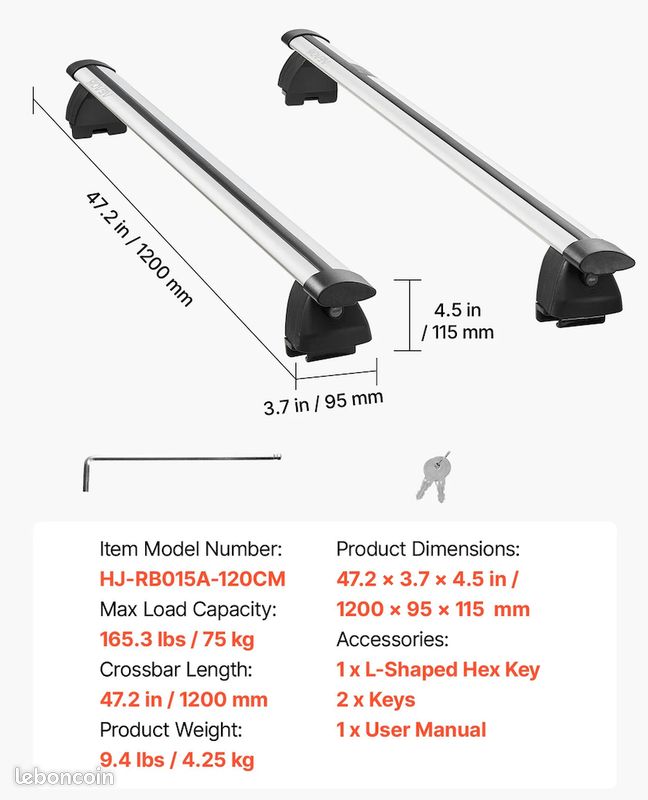2 Barres Transversales de Toit - Charge 100 kg - 128 cm - Ăcartement 22-106 cm, en Aluminium - Neuves â Livraison gratuite en 5 jours en France â â â (image 5)