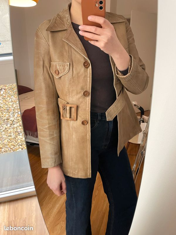 Veste Longue Cuir Marron Femme – Vintage 70s Milan Leatherwear – Taille UK10/12