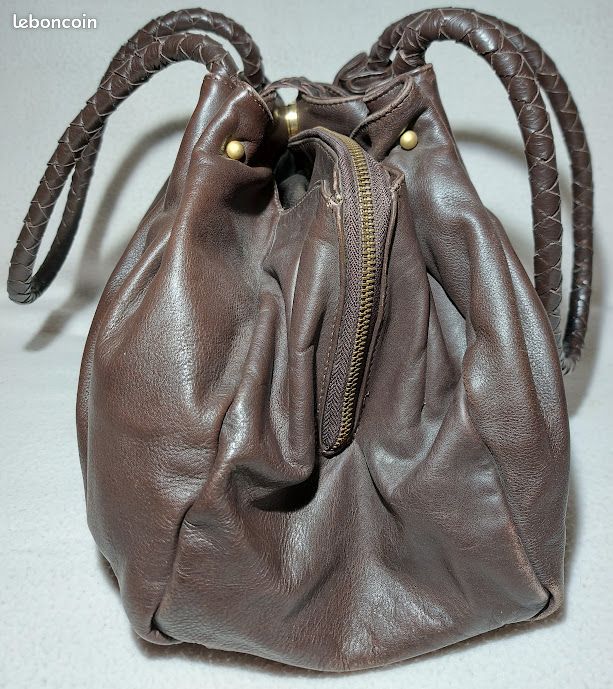 Caroll Sac à Main Cuir de Vachette Grainé Anses & Rabat Tréssé Marron Foncé Hauteur 26 cm Vintage (image 2)