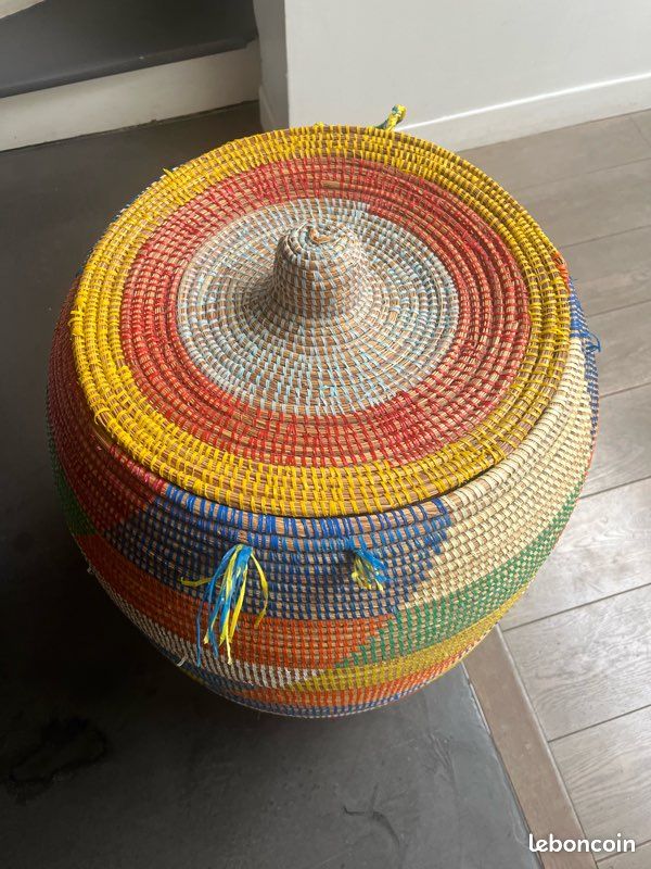 Panier à Linge XXL YAADU 100L Avec Couvercle - Tissé Main Style Africain, Grand Rangement Robuste Avec Poignées, Modèle Djariou Blanc