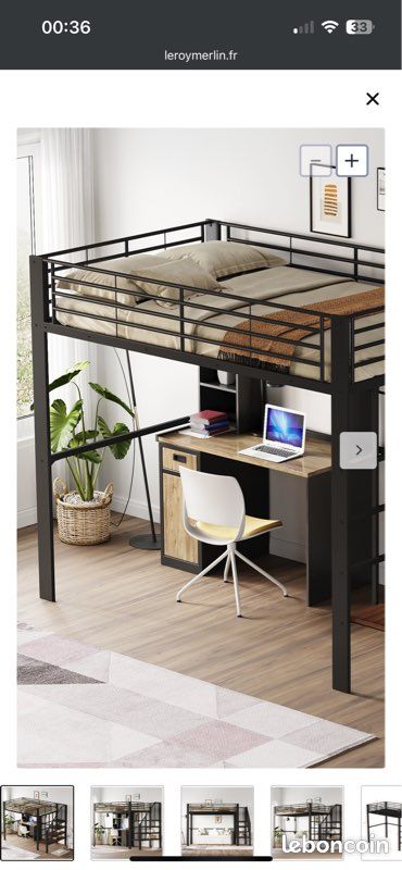 Lit mezzanine 140 x 200 cm avec grand escalier - Métal + Matelas (image 1)