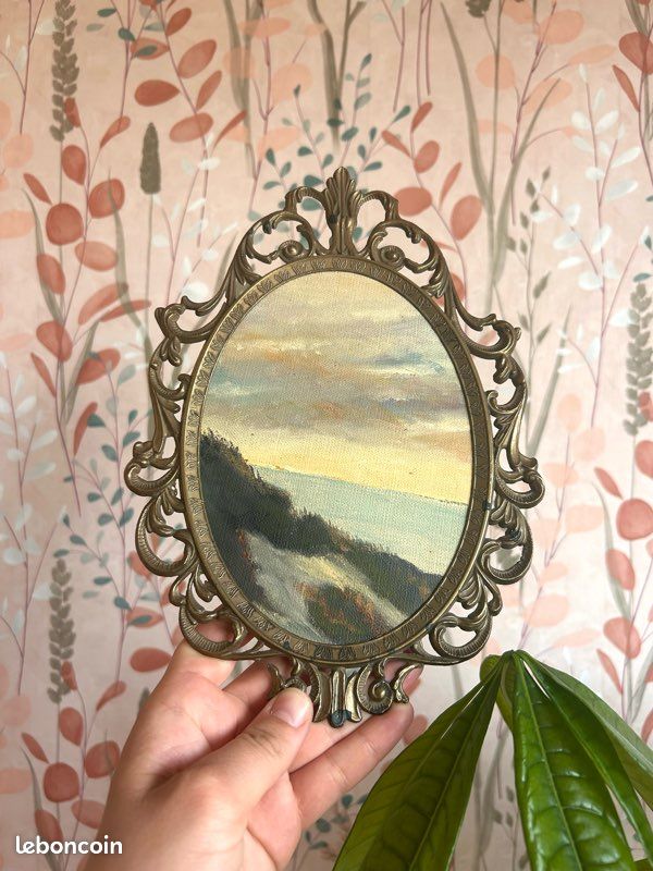 Magnifique cadre ovale ancien et peinture à l’huile – Ambiance bord de mer (image 1)