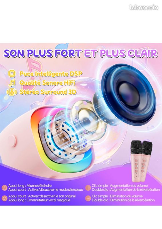 Micro Karaoké Enfant Sans Fil – Enceinte Bluetooth Avec 6 Modes Lumière Et 7 Effets Vocaux – Cadeau Noël Anniversaire – Rose